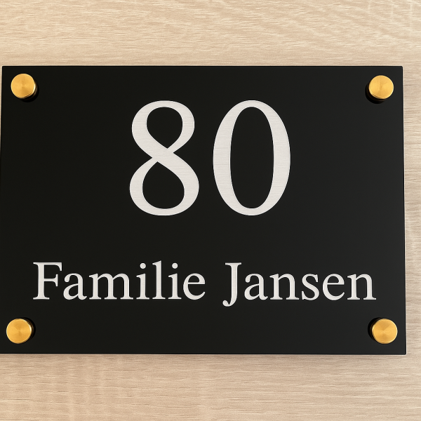 luxe naamplaat huisnummer zwart met goud – familie naambordje acryl – 20x15 cm