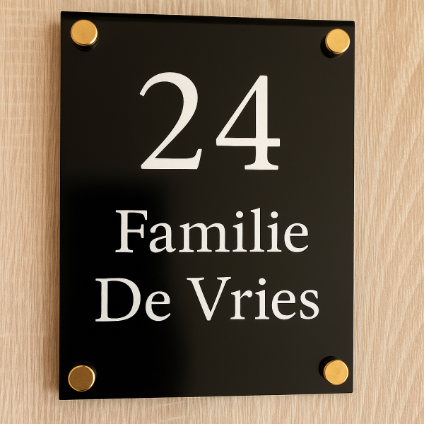 luxe naamplaat huisnummer zwart met goud – familie naambordje acryl – 20x15 cm