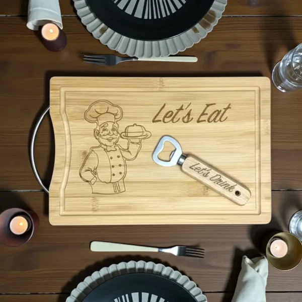 gepersonaliseerde houten dinnerplank met flesopener met eigen logo, tekst of opschrift