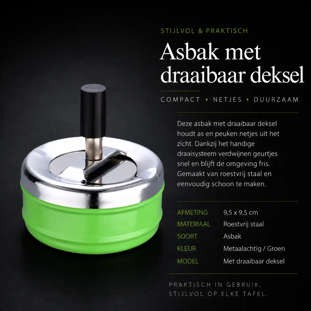 compacte asbak met draaibaar deksel in diverse kleuren groen
