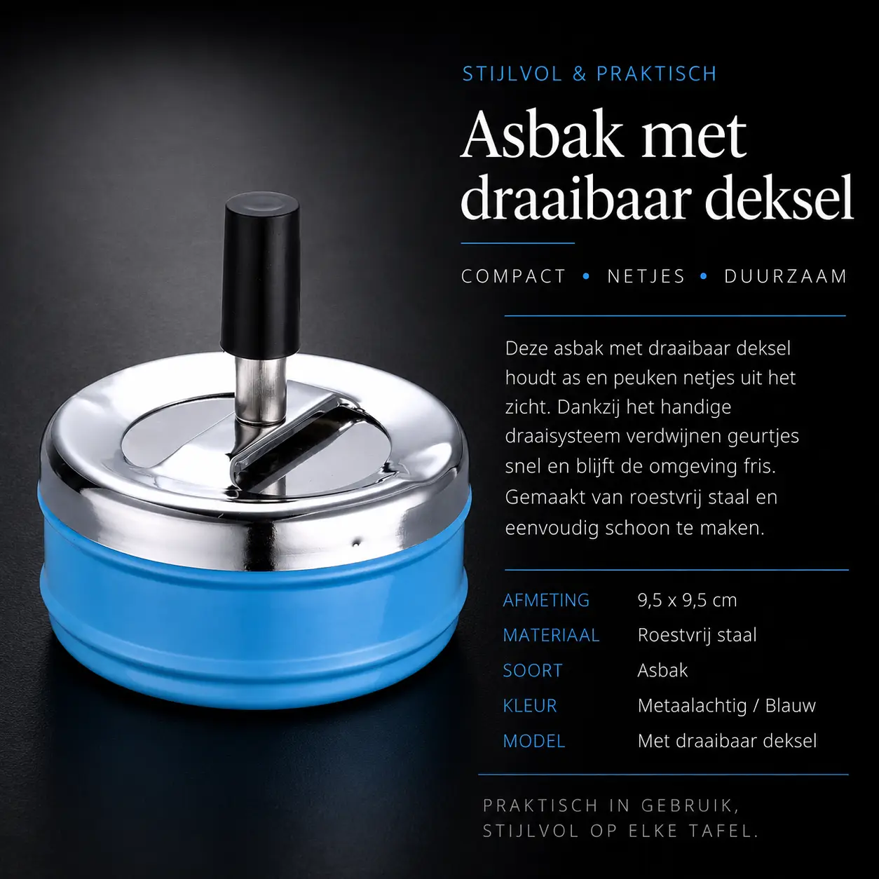 compacte asbak met draaibaar deksel in diverse kleuren blauw