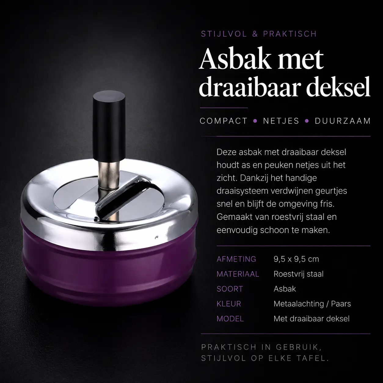 compacte asbak met draaibaar deksel in diverse kleuren paars