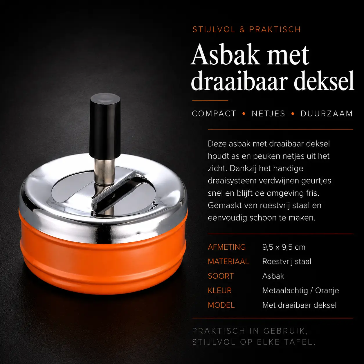 compacte asbak met draaibaar deksel in diverse kleuren oranje